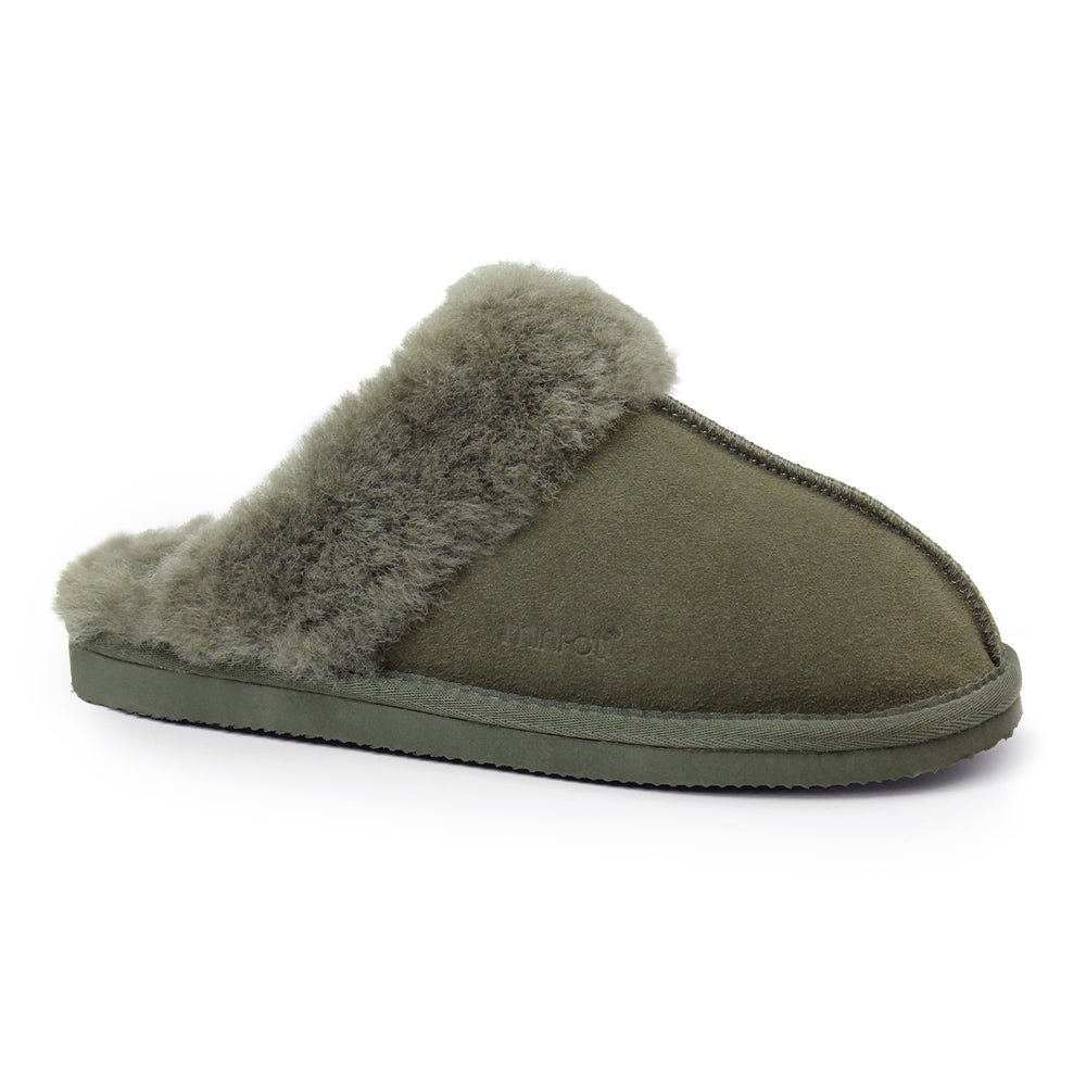 Minfot saueskinnstøfler Slip-on Duved med såle Mørk Olivengrønn