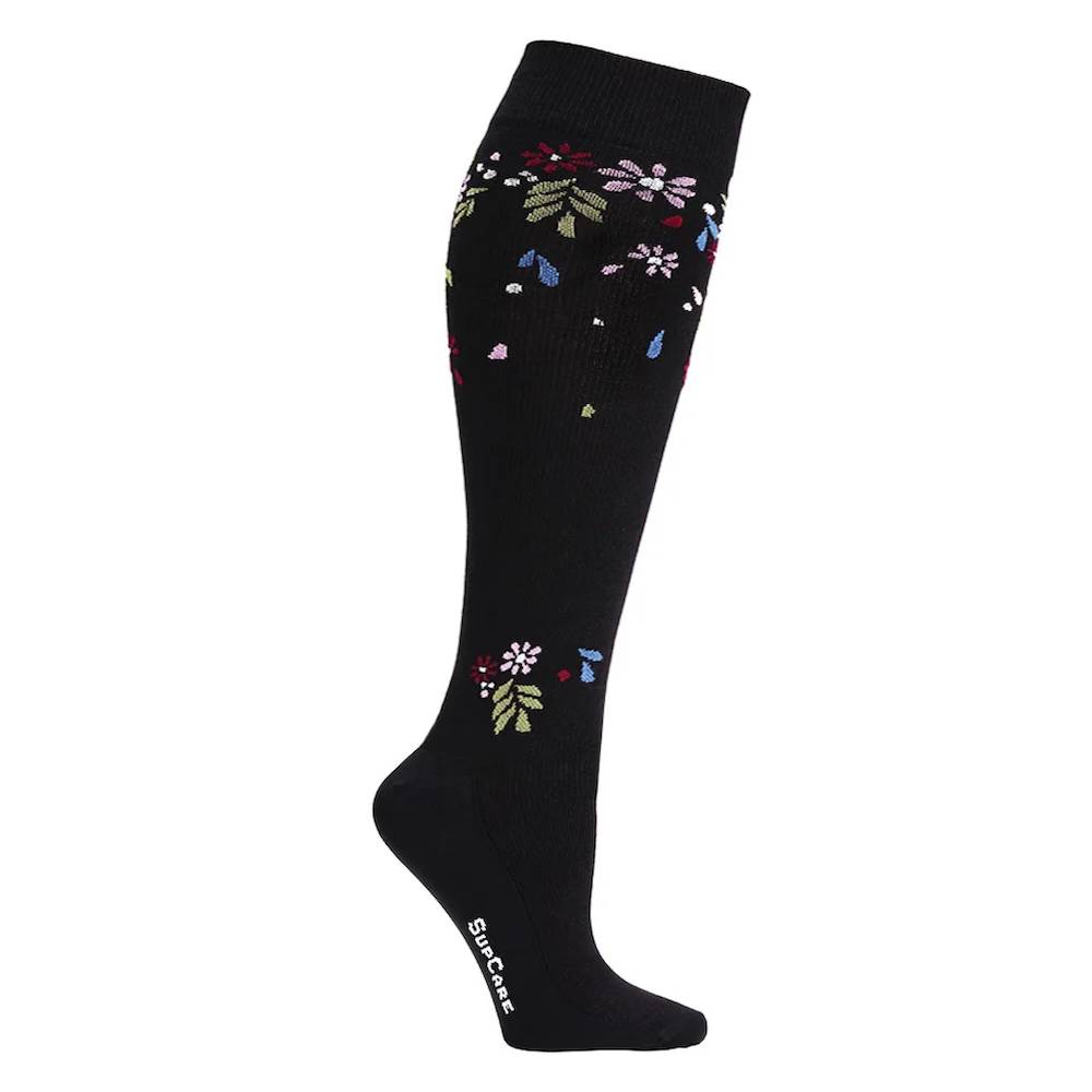 SupCare Støttestrømper Bred Eco Bomull Flower Shower Sort