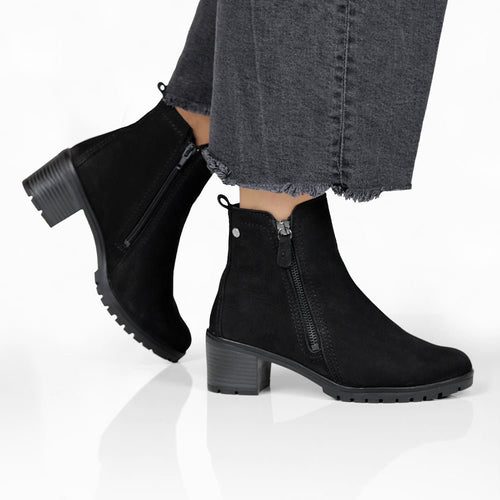 Minfot Rue Boots med klack Dame Dubbelzip Nubuck Svart