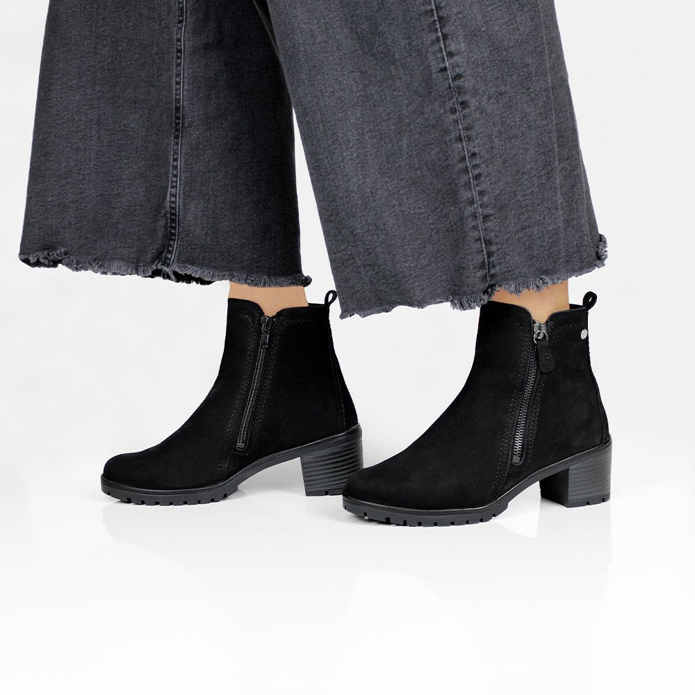 Minfot Rue Boots med klack Dame Dubbelzip Nubuck Svart