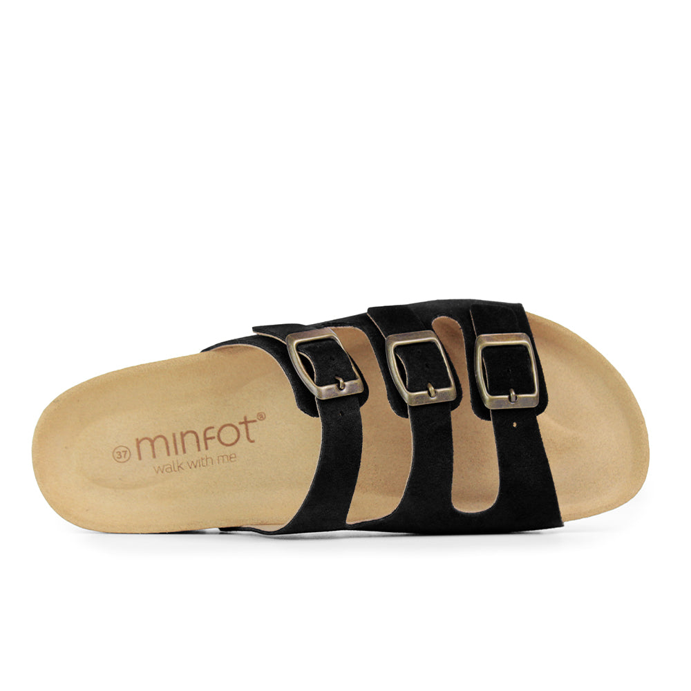 Minfot Lo Biosandaler Dame Semsket skinn Anatomisk 3-stropper Svart
