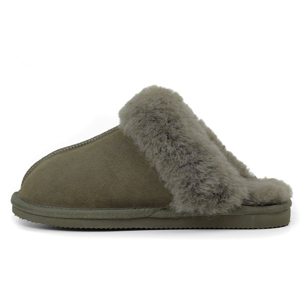 Produktbild 4 - Minfot Fårskinnstofflor Slip-on Duved med sula Mörk Olivgrön