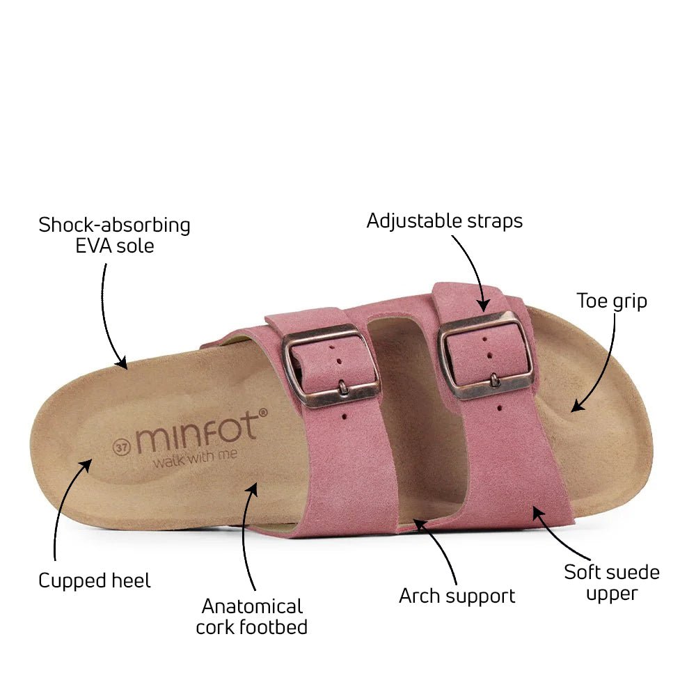 Minfot Moa Biosandaler Dame Semsket skinn Anatomisk 2-remmer Antikk Rosa