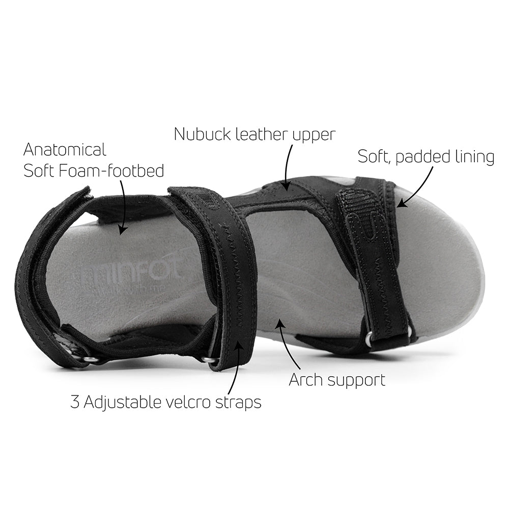 Minfot Nyhamn Sandaler Dame Nubuck Svart