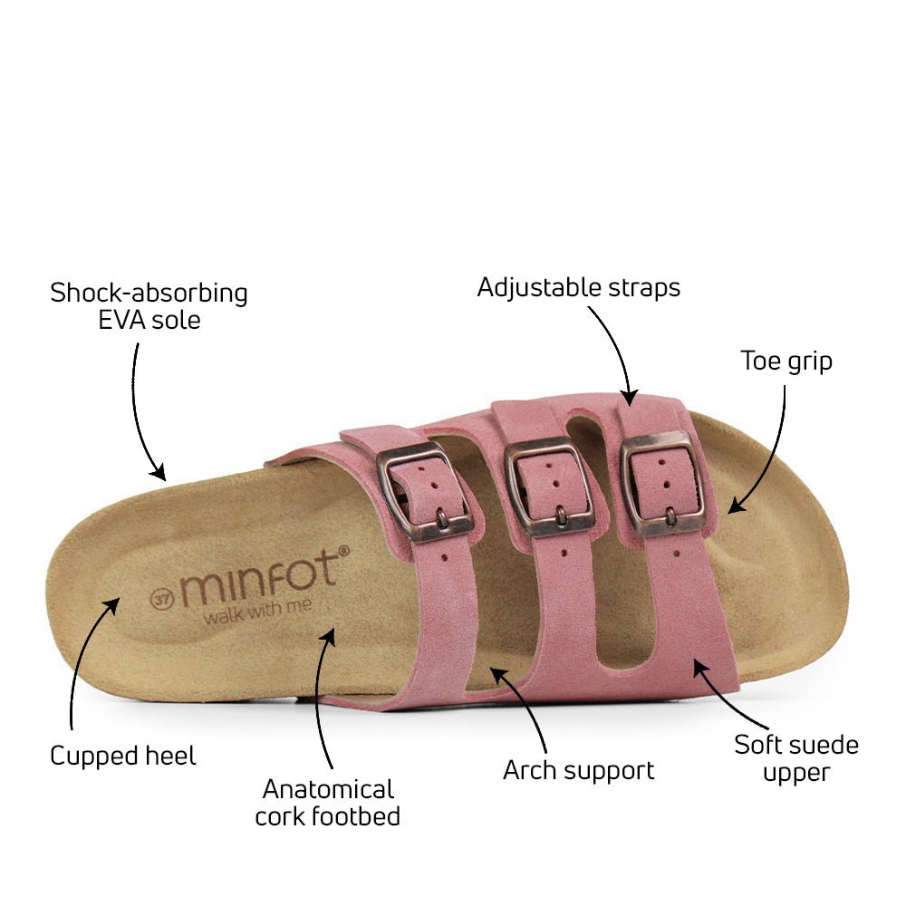 Minfot Lo Biosandaler Dame Semsket Skinn Anatomisk 3-remmer Rosa