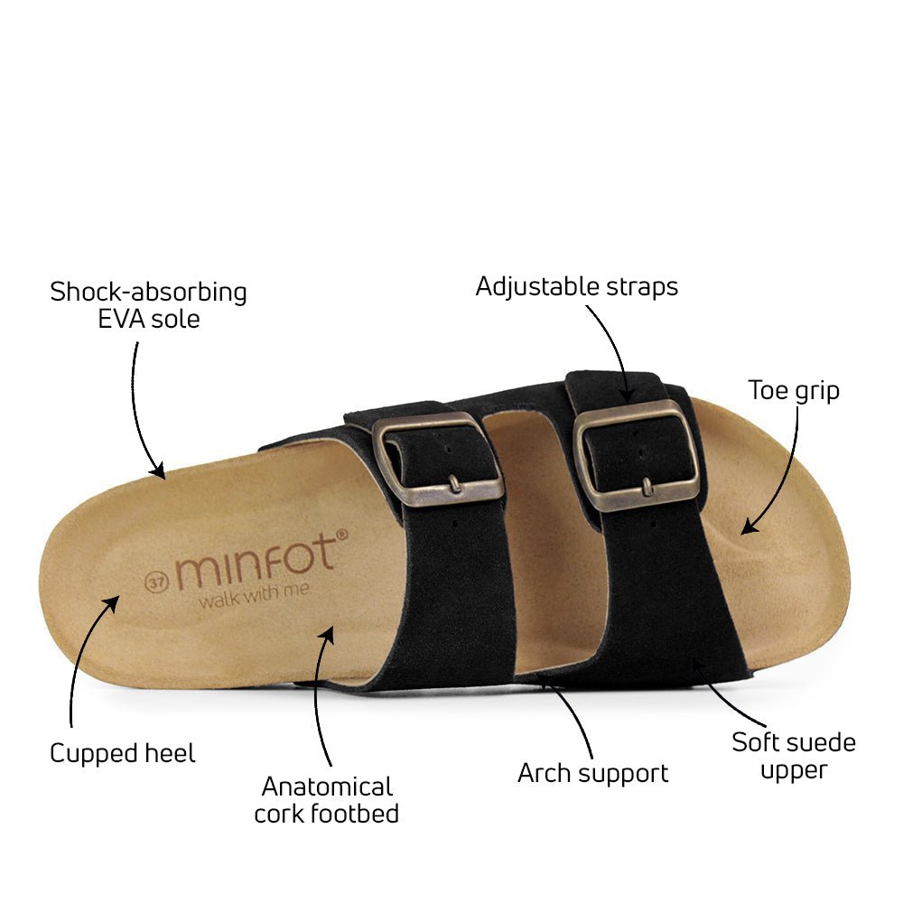 Minfot Moa Biosandaler Dame Semsket skinn Anatomisk 2-remmer Svart